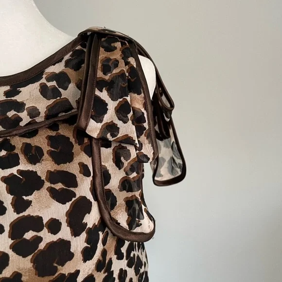 Leopard Print Ruffle Sheer Blouse Sleeveless High Neck Bow Animal Print — Size S - Picture 5 of 14
